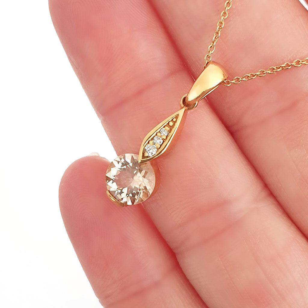  Rose Gold Bezel Set Morganite Pendant with Droplet Diamond Bale Highlight