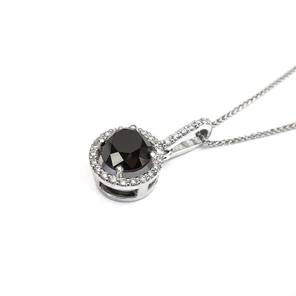 Round Cut Black Diamond Pendant with White Diamond Halo