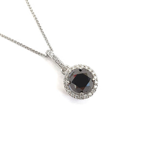 Round Cut Black Diamond Pendant with White Diamond Halo