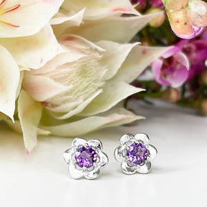 Silver Amethyst Flower Studs