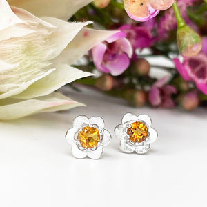 Silver Citrine Flower Studs