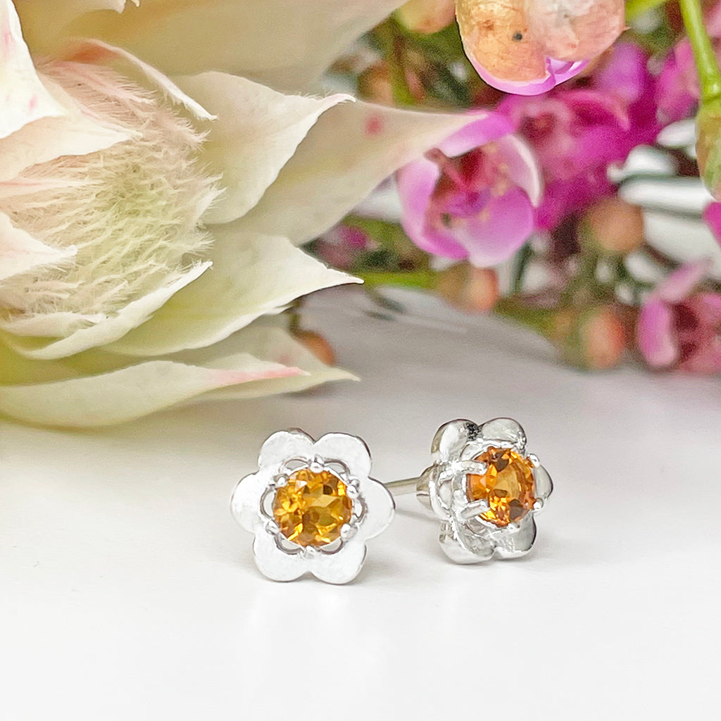 Silver Citrine Flower Studs