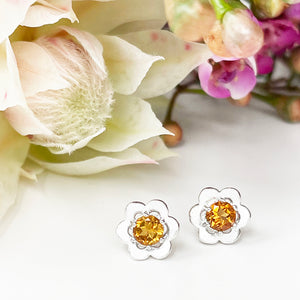 Silver Citrine Flower Studs