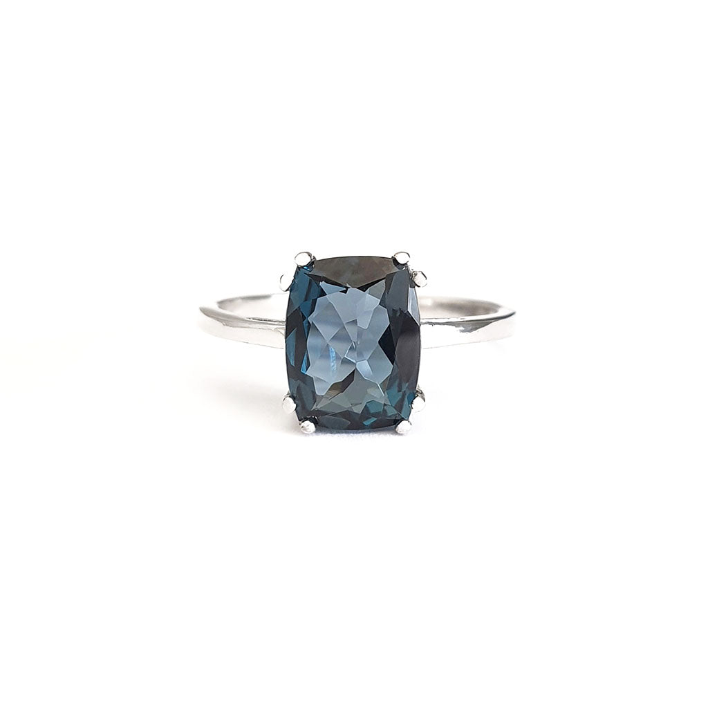 Silver Double Claw London Blue Topaz Cushion Cut Ring