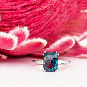 Silver Double Claw London Blue Topaz Cushion Cut Ring