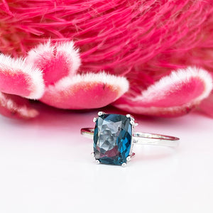 Silver Double Claw London Blue Topaz Cushion Cut Ring