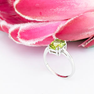 Silver Double Claw Peridot Cushion Cut Ring