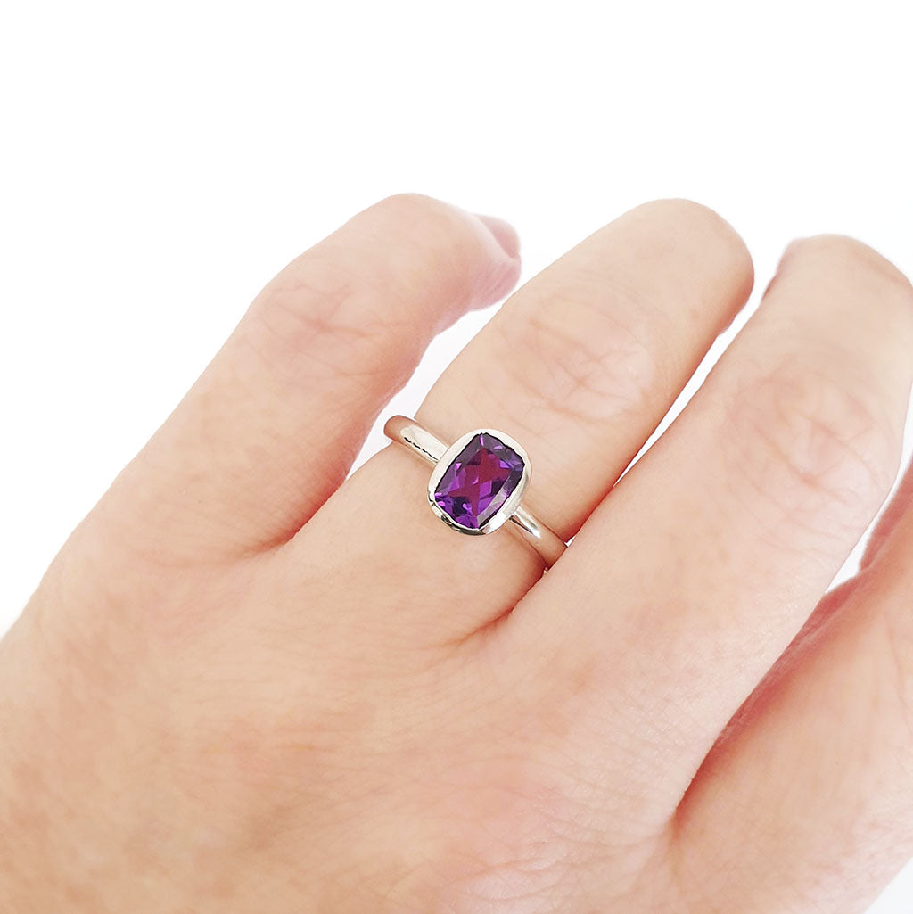 Silver Elongated Cushion Bezel Set Amethyst Ring