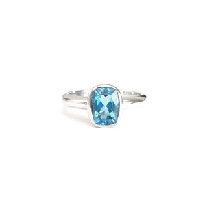 Silver Elongated Cushion Bezel Set Blue Topaz Ring