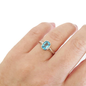 Silver Elongated Cushion Bezel Set Blue Topaz Ring