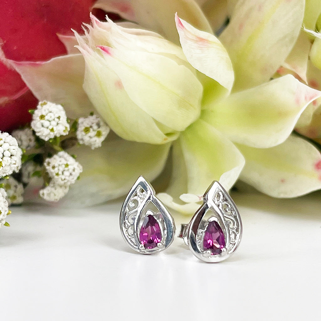 Silver Filigree Rhodolite Studs