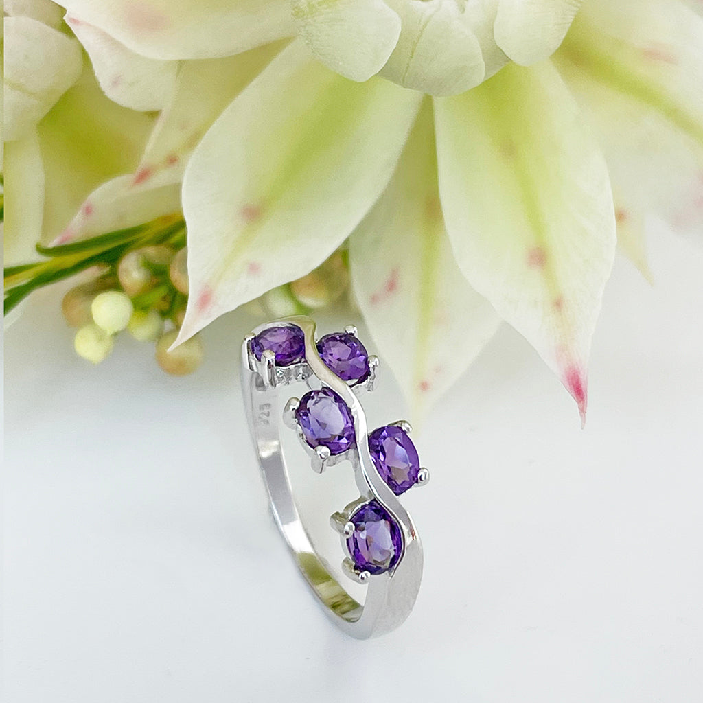 Silver Multiple Oval Amethyst Wave Ring