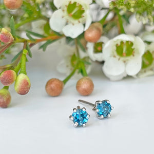 Silver Petite 6 Claw London Blue Topaz Studs