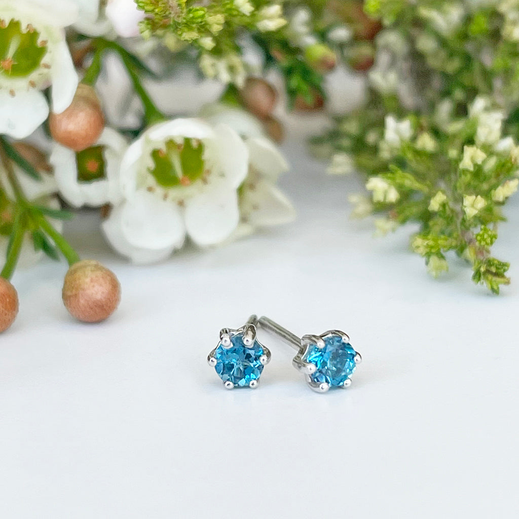 Silver Petite 6 Claw London Blue Topaz Studs