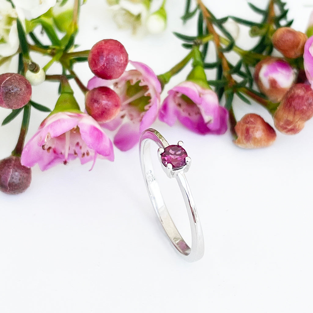 Silver Petite Solitaire Rhodolite Ring