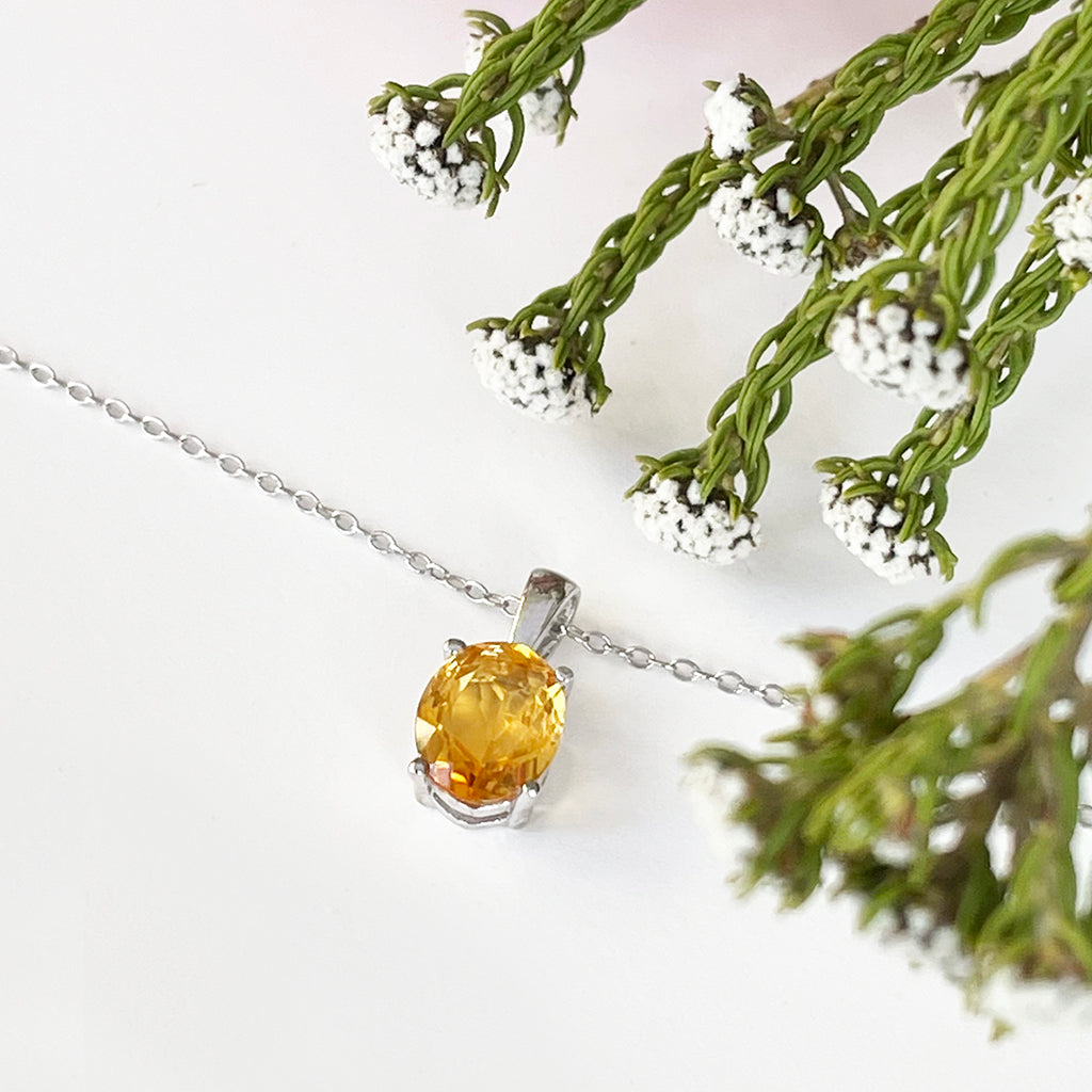 Silver Solitaire Oval Cut Pendant - Citrine