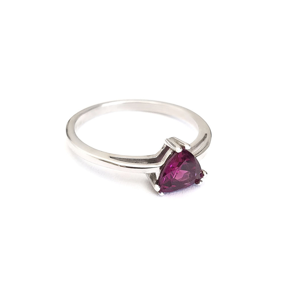 Silver Solitaire Rhodolite Trilliant Cut Ring