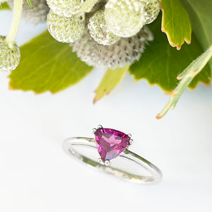 Silver Solitaire Rhodolite Trilliant Cut Ring