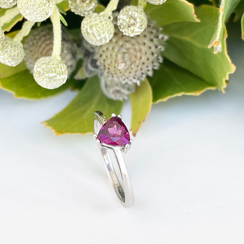 Silver Solitaire Rhodolite Trilliant Cut Ring