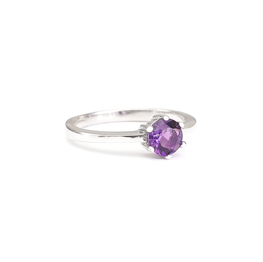 Silver Solitaire Six Claw Amethyst Ring