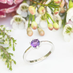 Silver Solitaire Six Claw Amethyst Ring