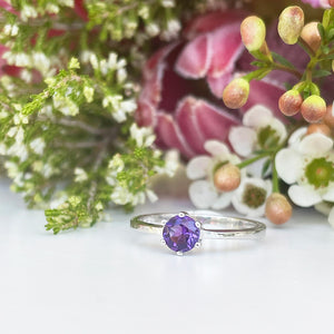 Silver Solitaire Six Claw Amethyst Ring