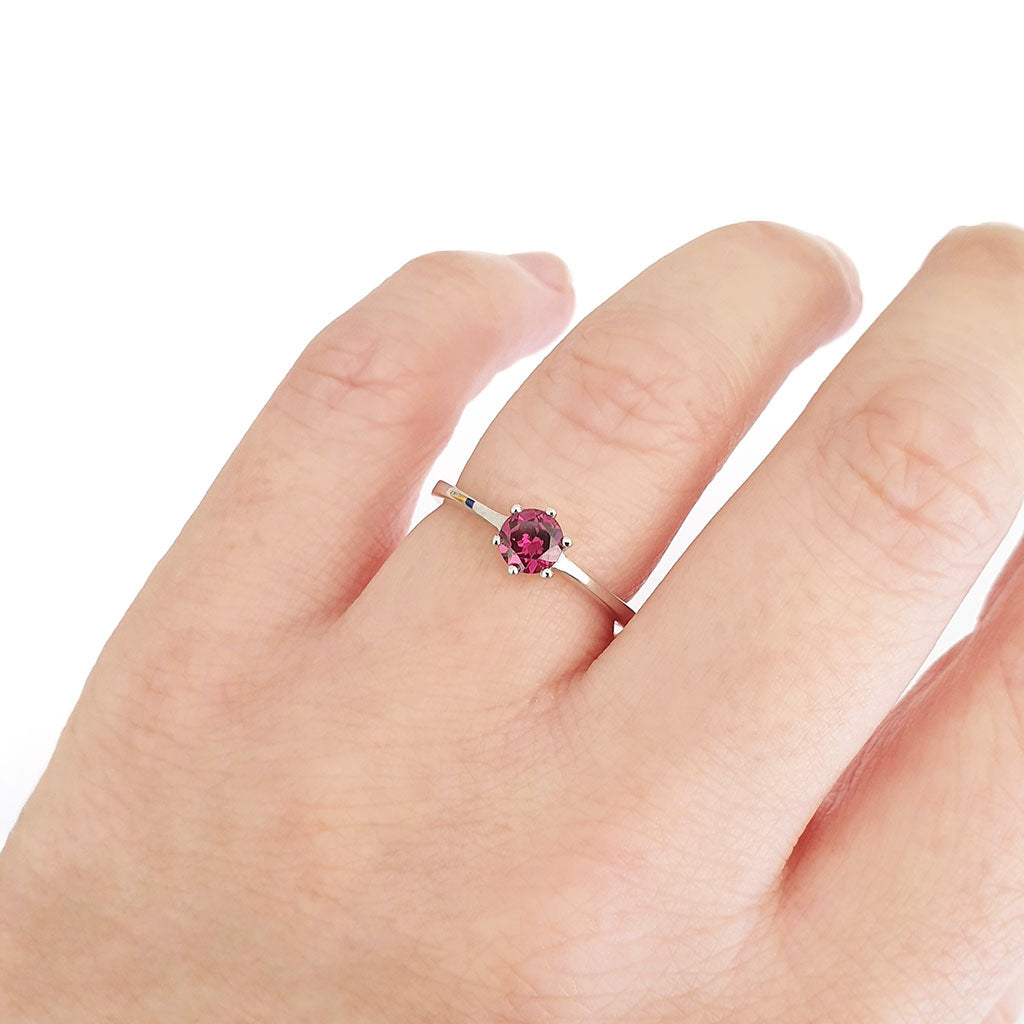 Silver Solitaire Six Claw Rhodolite Ring