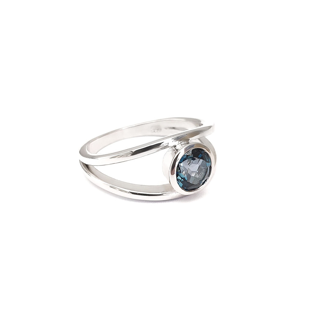 Silver Split Shank London Blue Round Bezel Set Ring