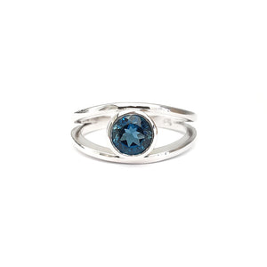 Silver Split Shank London Blue Round Bezel Set Ring