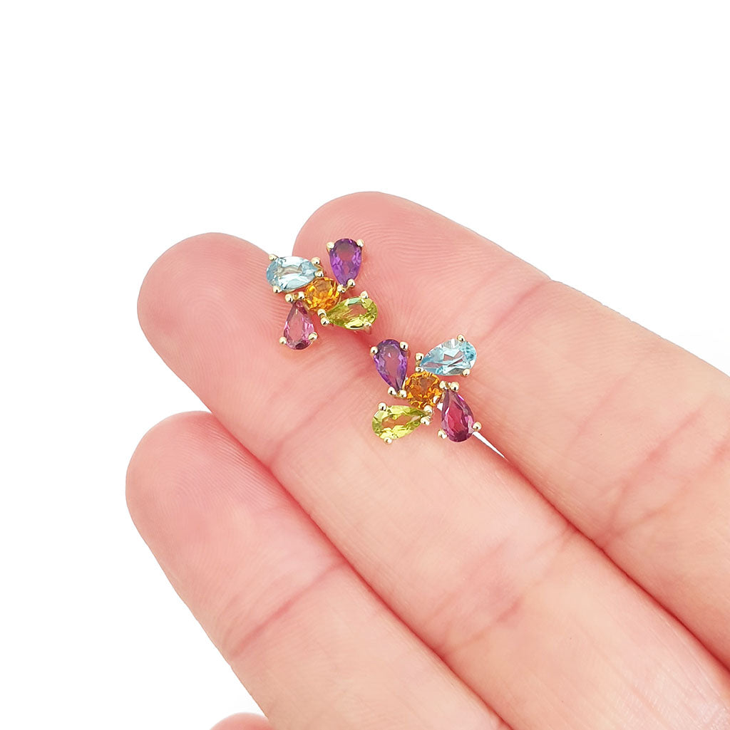 Starburst Multicolour Gemstone Yellow Gold Earrings