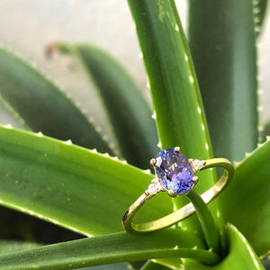 Elegant Oval Tanzanite and Petite Diamond Accent Yellow Gold Ring