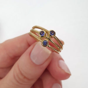 Triple Tanzanite Split Shank Yellow Gold